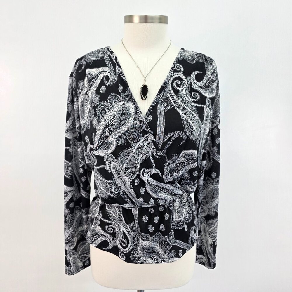 Blush Surplice Top Womens Size L Black White Paisley Long Sleeve Elastic Waist